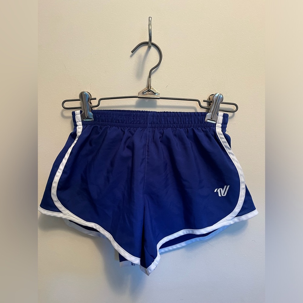Varsity, girls youth small, blue and white athletic shorts with mesh sides.